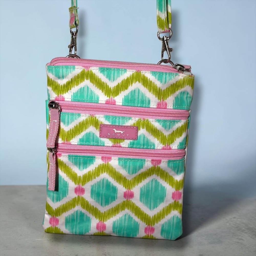 Scout Crossbody Bag Ikat Geometric Teal Green Pink Multi Pocket Travel Purse
